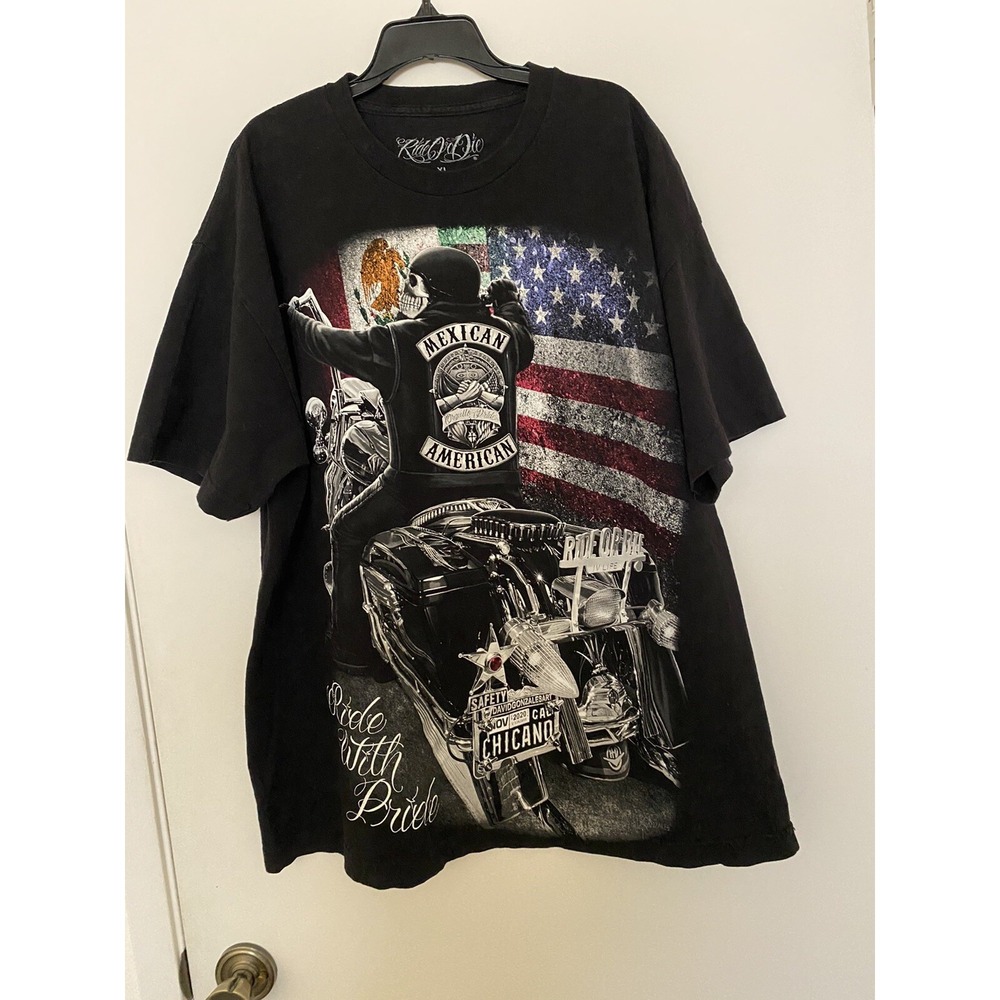 DGA. Ride With Pride Mexican/American Sz XL Scull Riding On A Harley Davidson